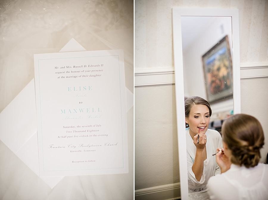 Putting on lipstick at this Fountain City Church Wedding by Knoxville Wedding Photographer, Amanda May Photos.