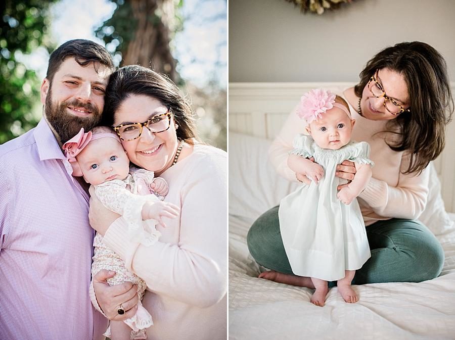 White comforter at this Studio 3 Month Session by Knoxville Wedding Photographer, Amanda May Photos.