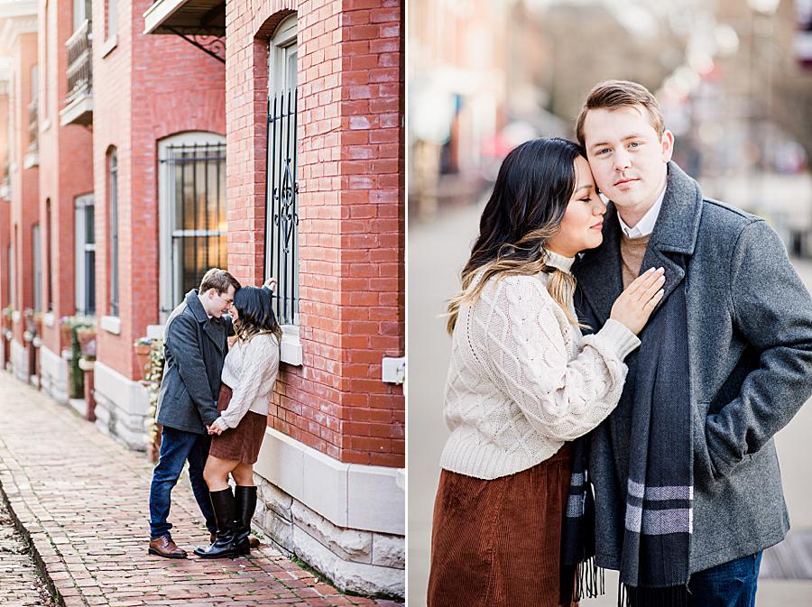 Couple snuggling for engagement pictures