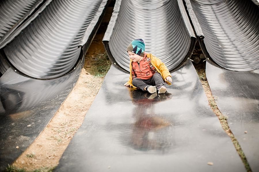 Pipe slide at this Oakes Farm Session by Knoxville Wedding Photographer, Amanda May Photos.