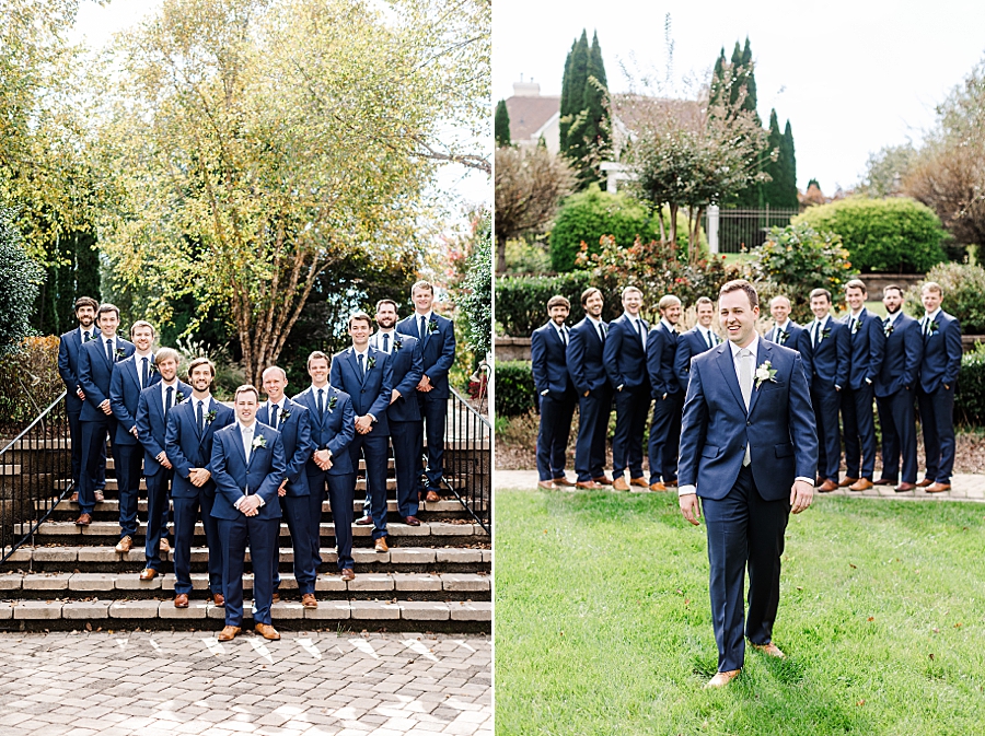 Groom and groomsmen in a v formation at this fall castleton farms wedding