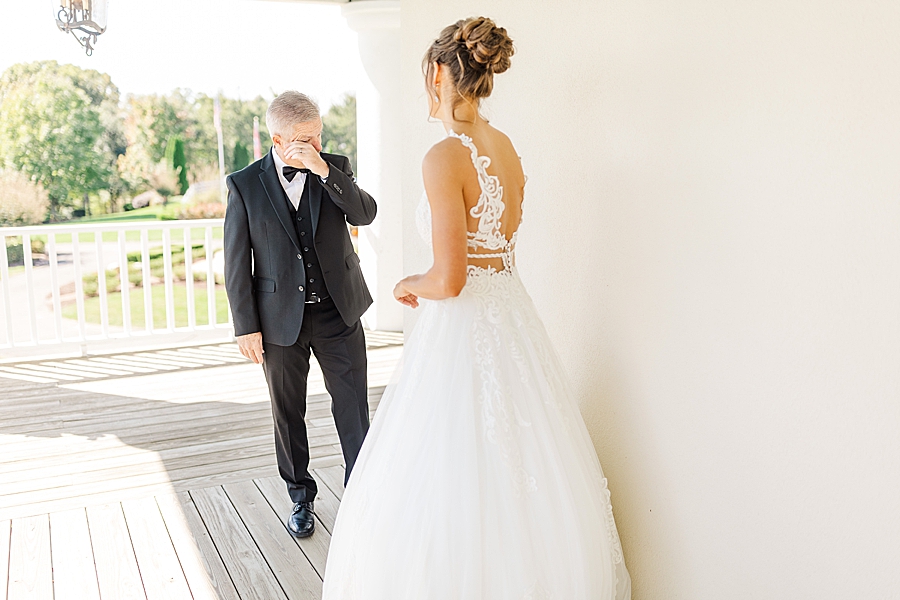 teary father of the bride at this fall wedding at castleton farms