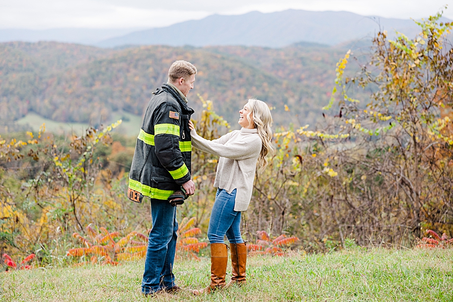 man in fireman jacket at this foothills parkway engagement