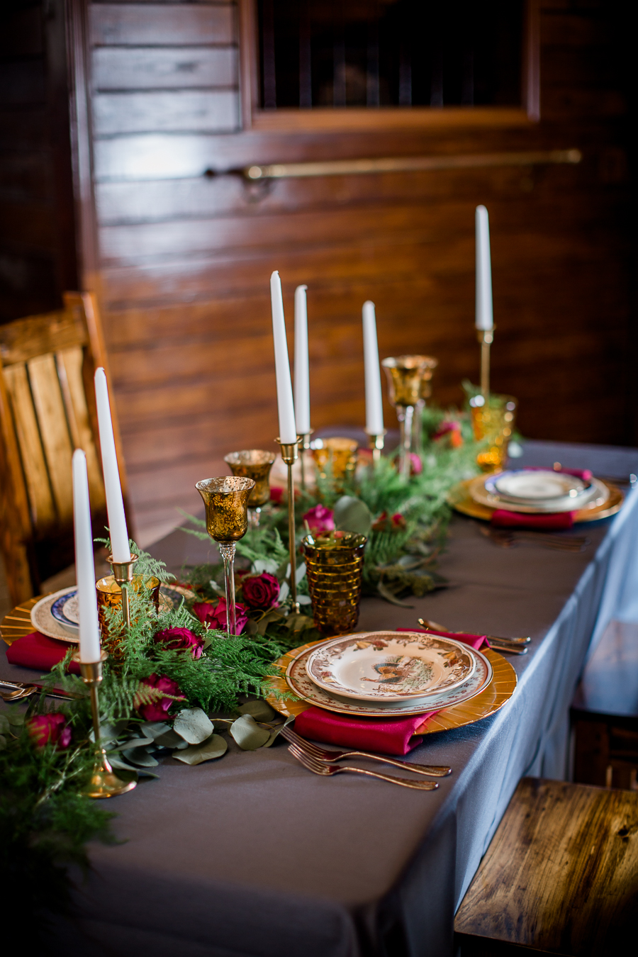 Mismatched china tablescape with candle sticks at the open house of Knoxville Wedding Venue, Hunter Valley Farm, by Knoxville Wedding Photographer, Amanda May Photos.