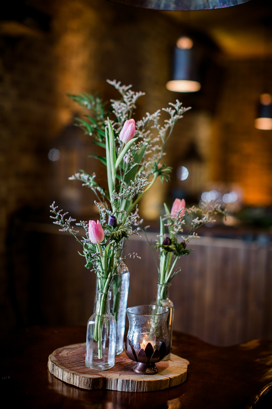 Simple three vases with pink flowers centerpiece at the open house of Knoxville Wedding Venue, Hunter Valley Farm, by Knoxville Wedding Photographer, Amanda May Photos.