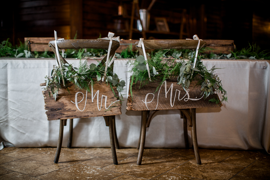 Mr and Mrs signs on the backs of chairs at the open house of Knoxville Wedding Venue, Hunter Valley Farm, by Knoxville Wedding Photographer, Amanda May Photos.