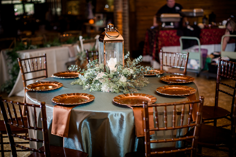 Green and bronze table at the open house of Knoxville Wedding Venue, Hunter Valley Farm, by Knoxville Wedding Photographer, Amanda May Photos.