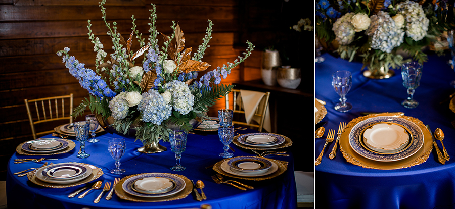 Blue and silver table at the open house of Knoxville Wedding Venue, Hunter Valley Farm, by Knoxville Wedding Photographer, Amanda May Photos.