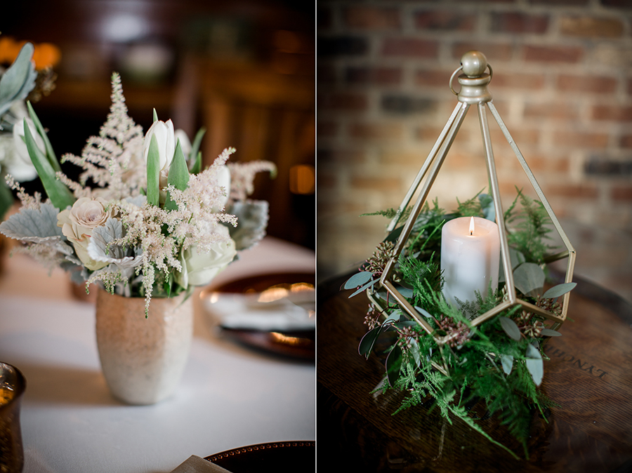 Golden centerpieces at the open house of Knoxville Wedding Venue, Hunter Valley Farm, by Knoxville Wedding Photographer, Amanda May Photos.