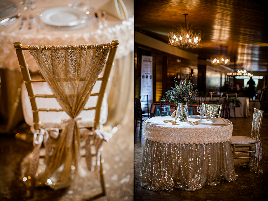 Head table with golden sparkles at the open house of Knoxville Wedding Venue, Hunter Valley Farm, by Knoxville Wedding Photographer, Amanda May Photos.