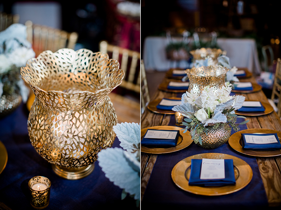 Gold and blue candle table at the open house of Knoxville Wedding Venue, Hunter Valley Farm, by Knoxville Wedding Photographer, Amanda May Photos.