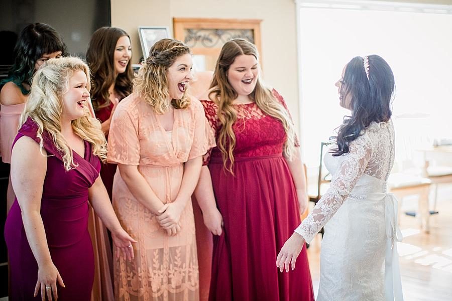 Unique bridesmaid dresses at this Toqua Campground Wedding by Knoxville Wedding Photographer, Amanda May Photos.