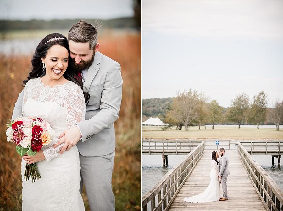 On the bridge at this Toqua Campground Wedding by Knoxville Wedding Photographer, Amanda May Photos.