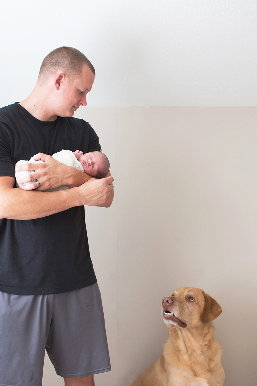 Dad, baby and puppy at this American Flag newborn session by Knoxville Wedding Photographer, Amanda May Photos.