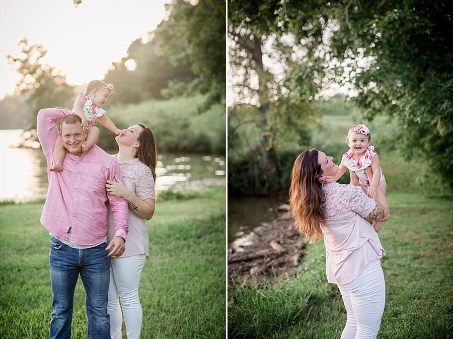 On dad's shoulders at this Melton Lake Park One Year Session by Knoxville Wedding Photographer, Amanda May Photos.