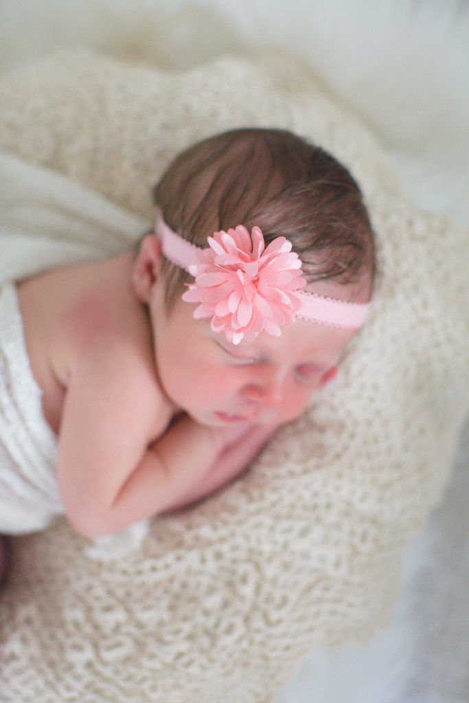 Laying down in her pink bow at this newborn session by Knoxville Wedding Photographer, Amanda May Photos.