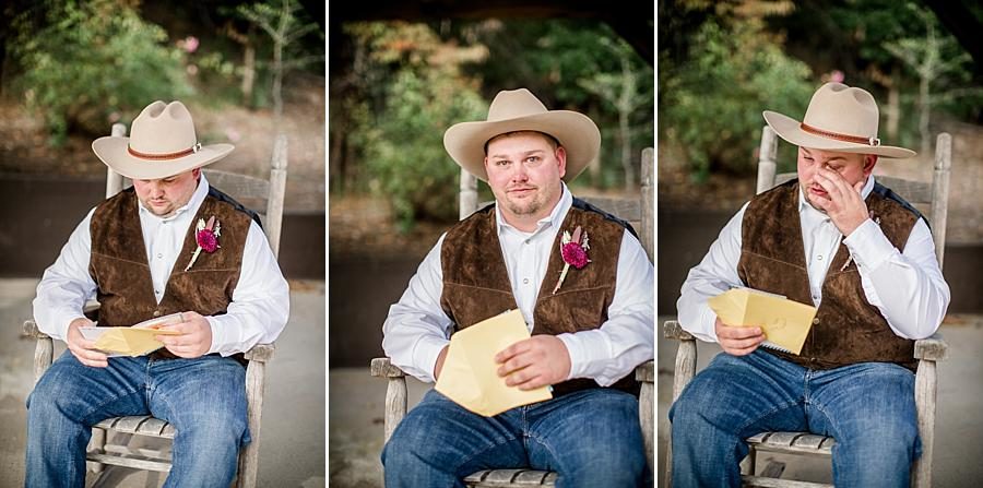 Reading his letter at this Sampson's Hollow Fall Wedding by Knoxville Wedding Photographer, Amanda May Photos.