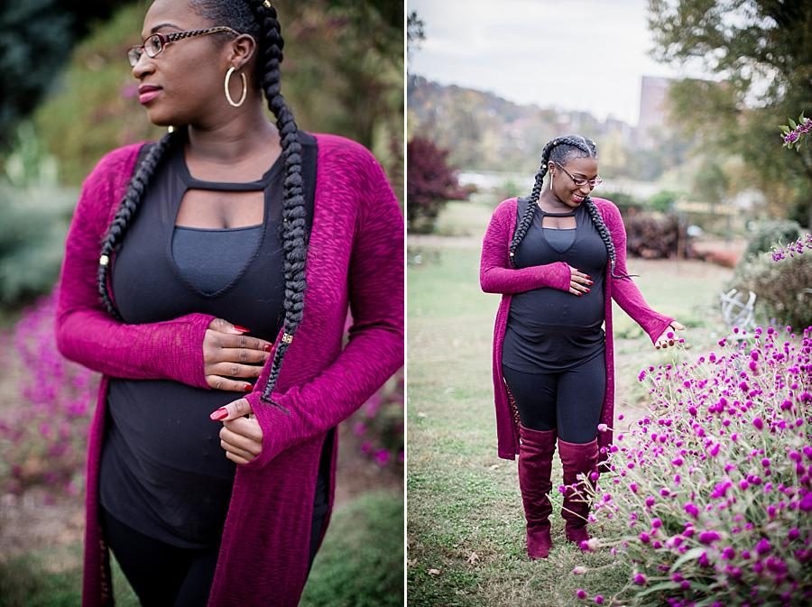 Walking beside magenta flowers at this Hope Resource Maternity session at UT Gardens by Knoxville Wedding Photographer, Amanda May Photos.