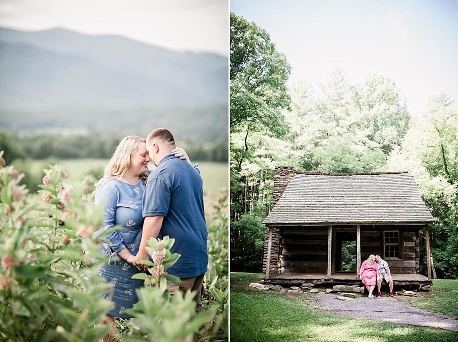 Sitting on the front porch at this Cades Cove Engagement by Knoxville Wedding Photographer, Amanda May Photos.