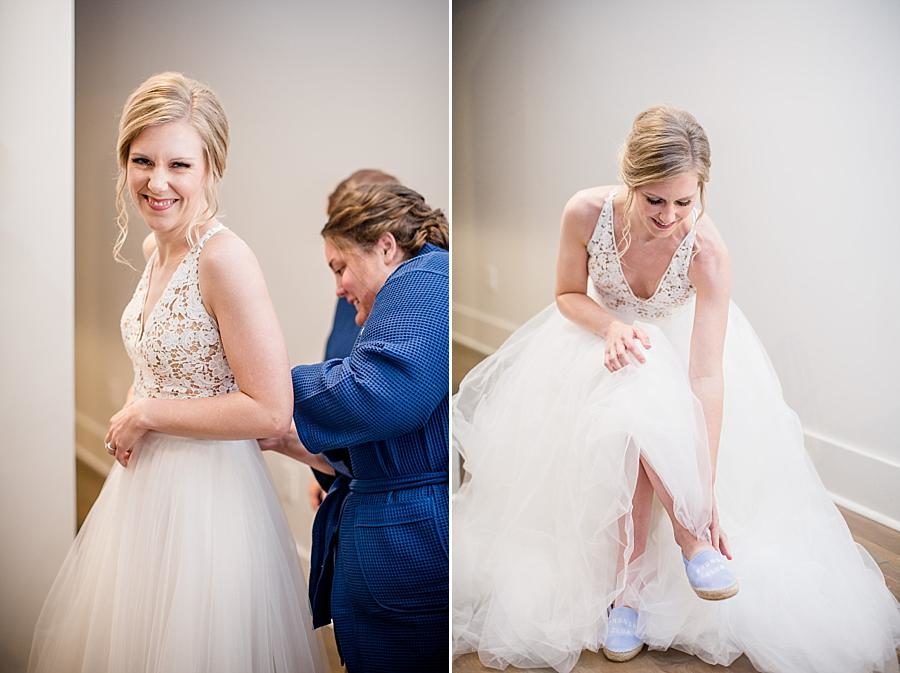 Blue wedding shoes at this Upstairs at Midtown Wedding by Knoxville Wedding Photographer, Amanda May Photos.