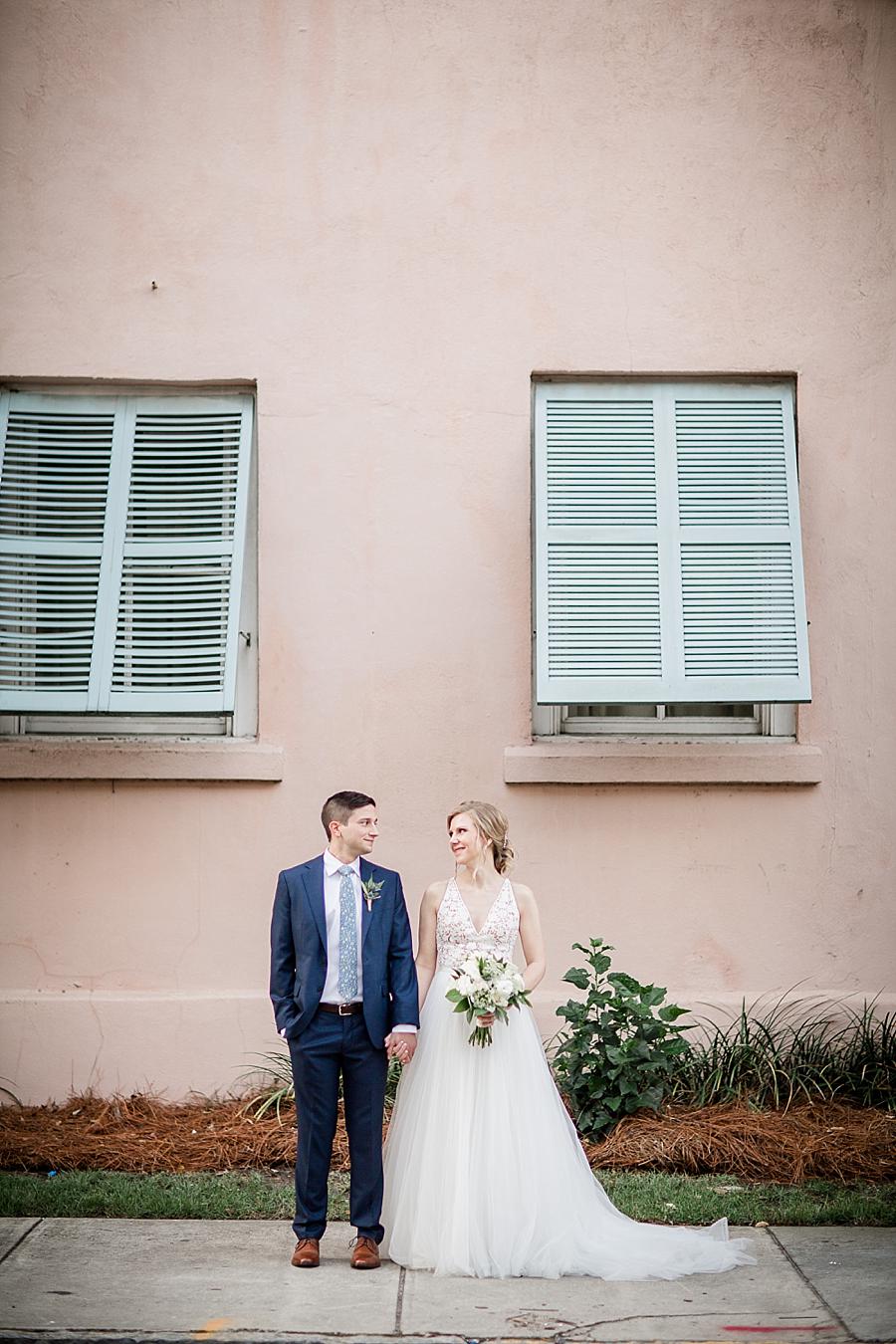 Blue shutters at this Upstairs at Midtown Wedding by Knoxville Wedding Photographer, Amanda May Photos.