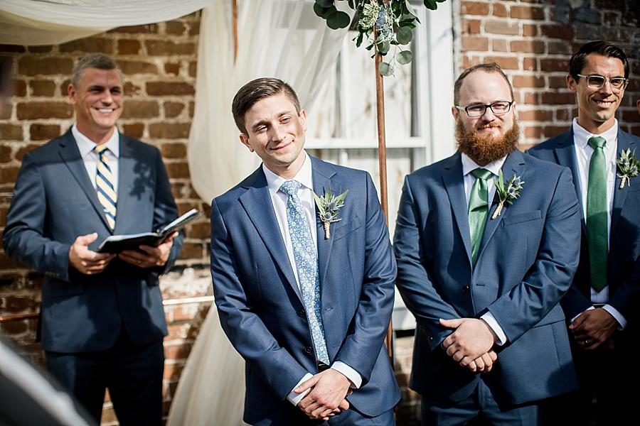 Groom's first look at this Upstairs at Midtown Wedding by Knoxville Wedding Photographer, Amanda May Photos.