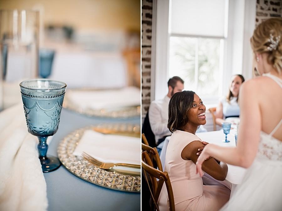 Blue goblets at this Upstairs at Midtown Wedding by Knoxville Wedding Photographer, Amanda May Photos.