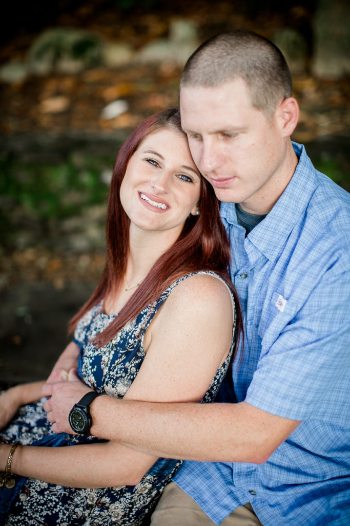 Leaning back into him at this Knoxville Botanical Gardens engagement session by Knoxville Wedding Photographer, Amanda May Photos.