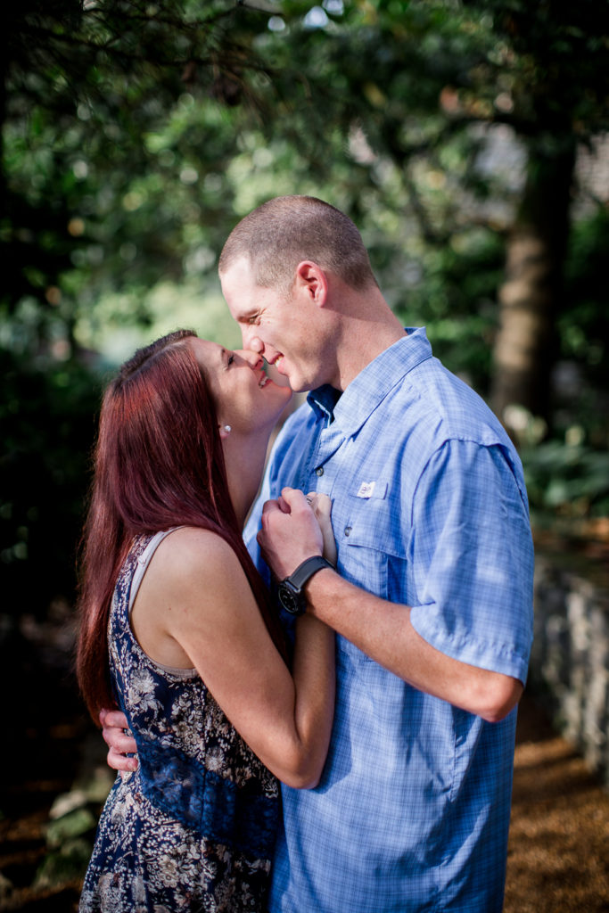 Nose to nose dancing at this Knoxville Botanical Gardens engagement session by Knoxville Wedding Photographer, Amanda May Photos.