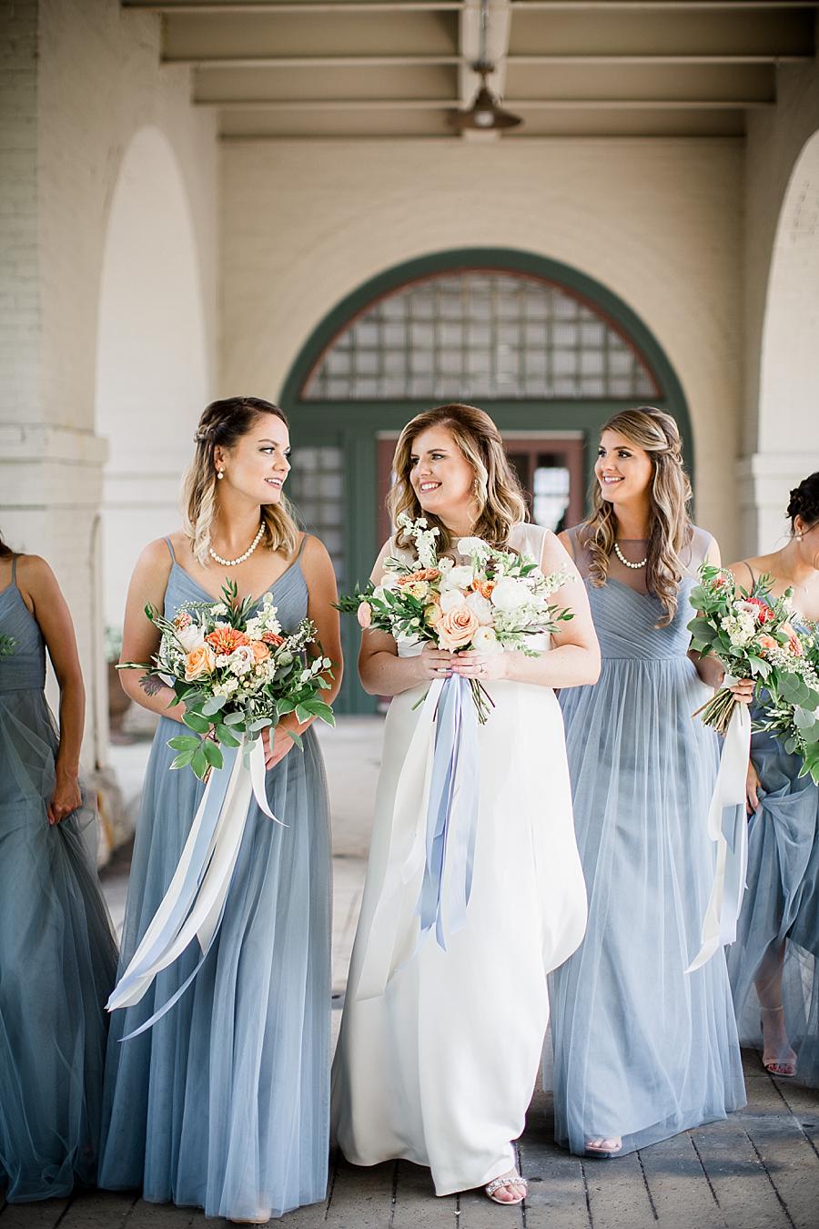 Light blue bridesmaid dresses at this Southern Railway Station Wedding by Knoxville Wedding Photographer, Amanda May Photos.