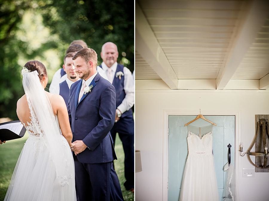 Gown on a blue barn door at this Estate of Grace Wedding by Knoxville Wedding Photographer, Amanda May Photos.