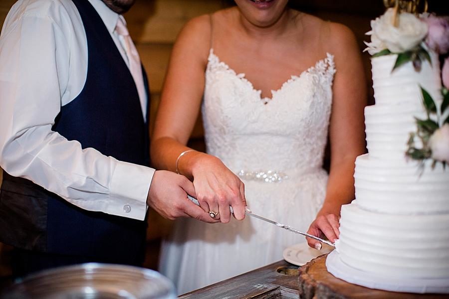 Cutting the cake at this Estate of Grace Wedding by Knoxville Wedding Photographer, Amanda May Photos.