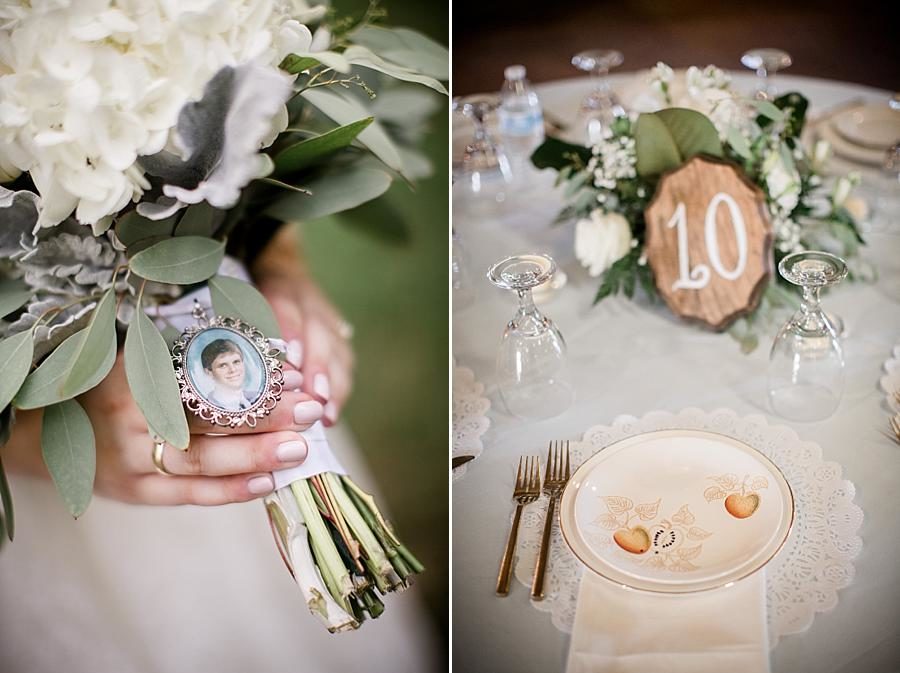 Bridal bouquet locket at this Cheval Manor Wedding by Knoxville Wedding Photographer, Amanda May Photos.