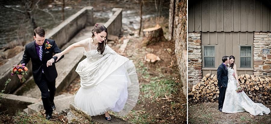 Walking with her train in hand at this Cumberland Mountain State Park wedding by Knoxville Wedding Photographer, Amanda May Photos.