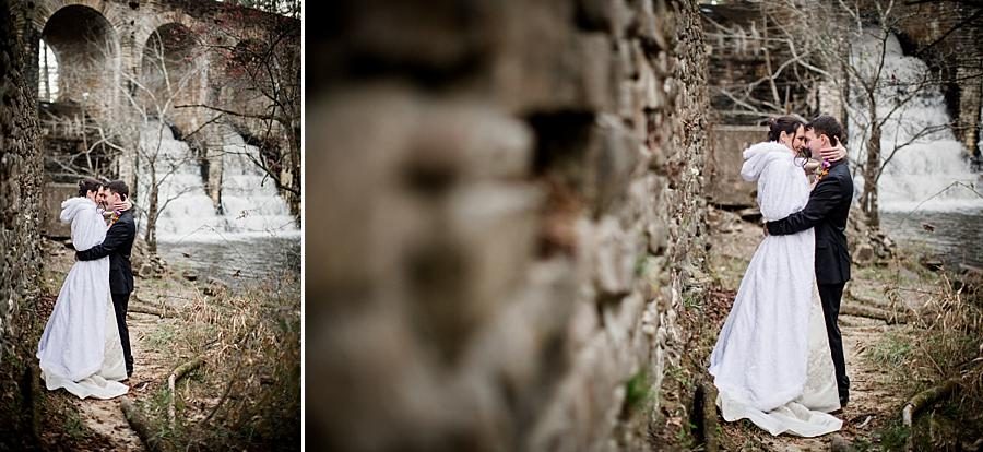Stone wall kissing at this Cumberland Mountain State Park wedding by Knoxville Wedding Photographer, Amanda May Photos.
