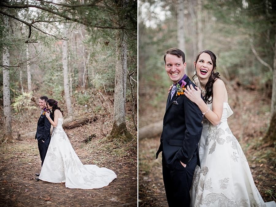 Bride hugs groom from behind at this Cumberland Mountain State Park wedding by Knoxville Wedding Photographer, Amanda May Photos.