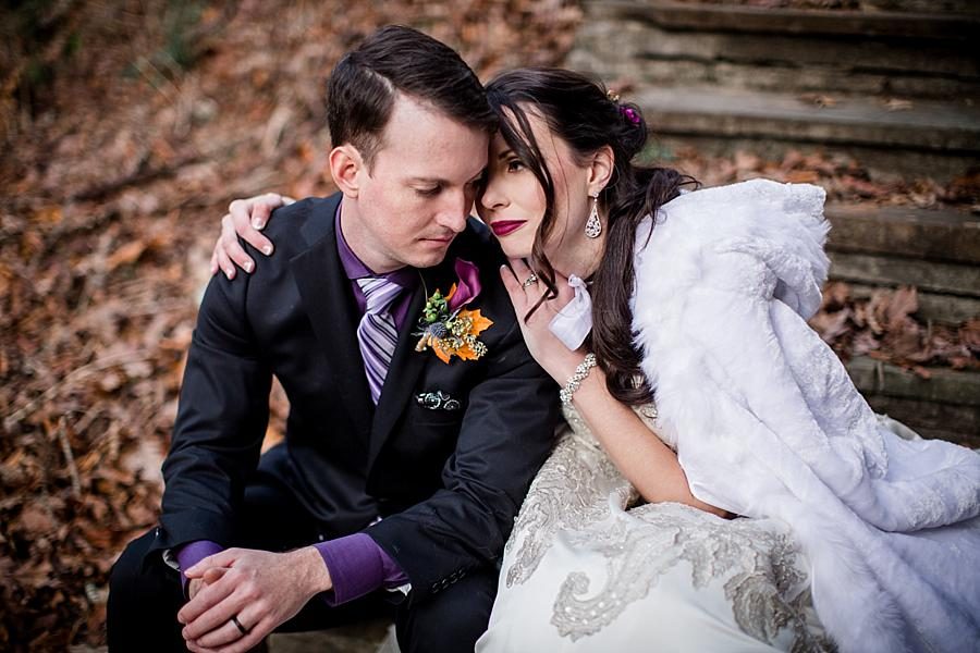 Laying her head on his shoulder at this Cumberland Mountain State Park wedding by Knoxville Wedding Photographer, Amanda May Photos.