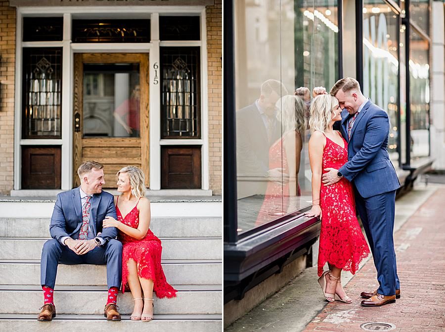 Sitting on concrete steps at this Knoxville Botanical Gardens engagement by Knoxville Wedding Photographer, Amanda May Photos.