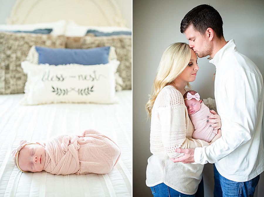 Kiss on the forehead at this lifestyle newborn by Knoxville Wedding Photographer, Amanda May Photos.
