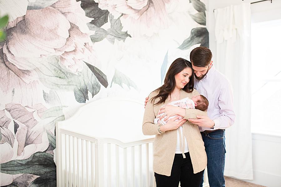 Floral wallpaper at this newborn session by Knoxville Wedding Photographer, Amanda May Photos.