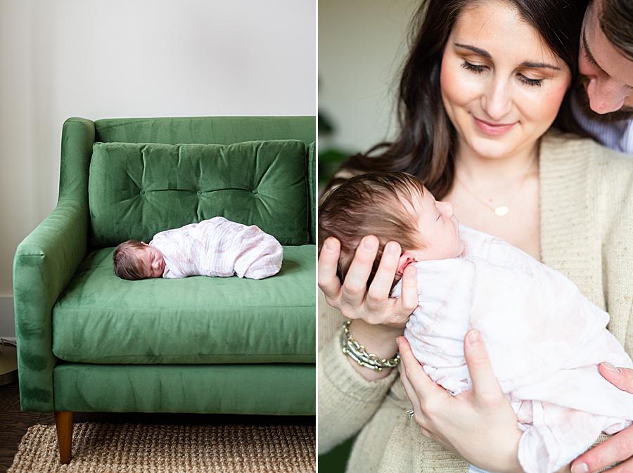 Green sofa at this newborn session by Knoxville Wedding Photographer, Amanda May Photos.