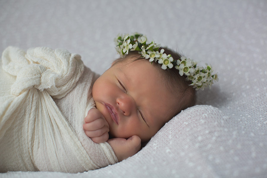 White flower crown at this newborn session by Knoxville Wedding Photographer, Amanda May Photos.