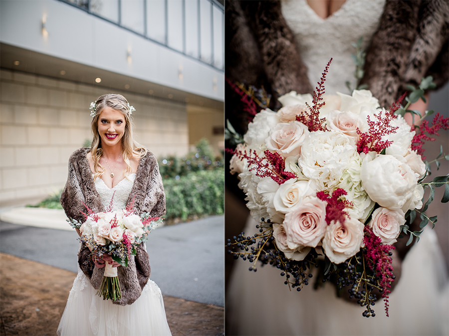 Close up of the bridal bouquet by Always in Bloom during the bride and bridesmaids pictures at this winter wedding at Knoxville Wedding Venue, Jackson Terminal, by Knoxville Wedding Photographer, Amanda May Photos.