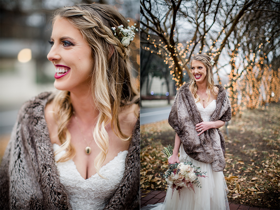 Close up of bride smiling big at her girls during the bride and bridesmaids pictures at this winter wedding at Knoxville Wedding Venue, Jackson Terminal, by Knoxville Wedding Photographer, Amanda May Photos.