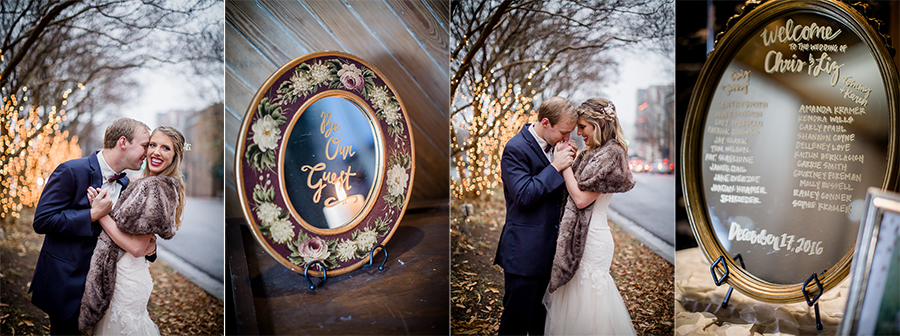 Mirrors with calligraphy detail picture at this winter wedding at Knoxville Wedding Venue, Jackson Terminal, by Knoxville Wedding Photographer, Amanda May Photos.