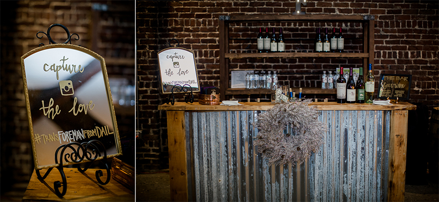 The bar detail picture at this winter wedding at Knoxville Wedding Venue, Jackson Terminal, by Knoxville Wedding Photographer, Amanda May Photos.