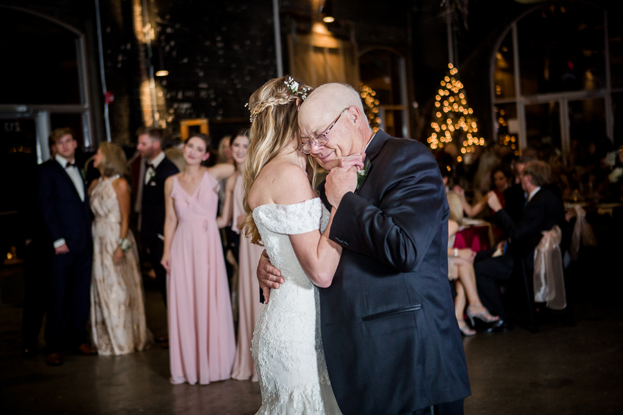 Father daughter dance during the reception pictures at this winter wedding at Knoxville Wedding Venue, Jackson Terminal, by Knoxville Wedding Photographer, Amanda May Photos.
