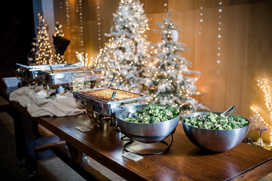 Buffet table detail picture at this winter wedding at Knoxville Wedding Venue, Jackson Terminal, by Knoxville Wedding Photographer, Amanda May Photos.