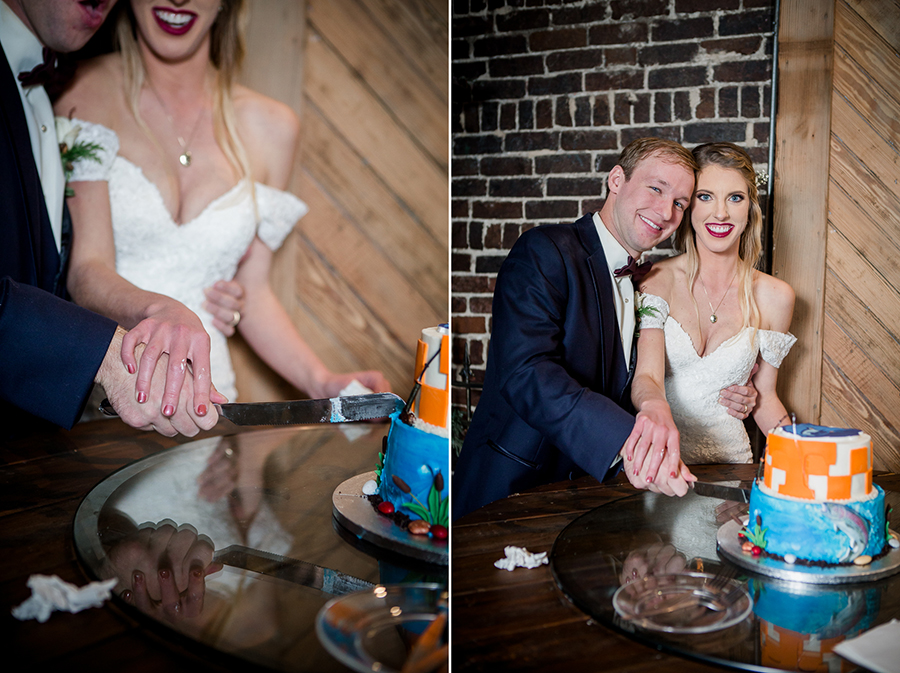 Cutting the groom's cake during the reception pictures at this winter wedding at Knoxville Wedding Venue, Jackson Terminal, by Knoxville Wedding Photographer, Amanda May Photos.
