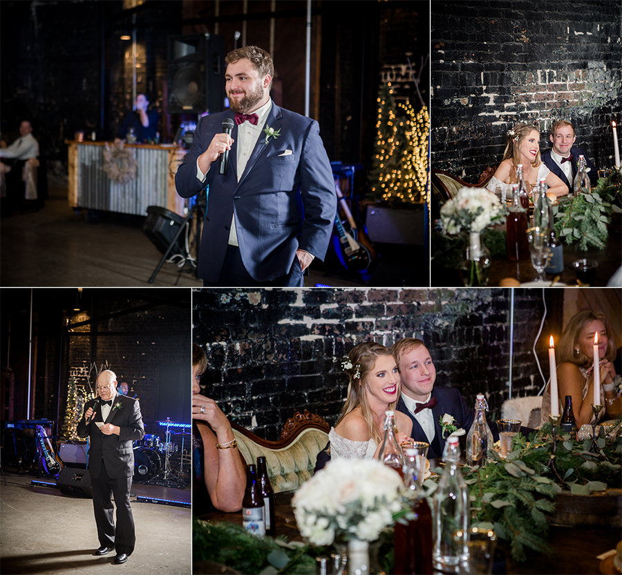 Father of the bride and best man gives toasts during the reception pictures at this winter wedding at Knoxville Wedding Venue, Jackson Terminal, by Knoxville Wedding Photographer, Amanda May Photos.